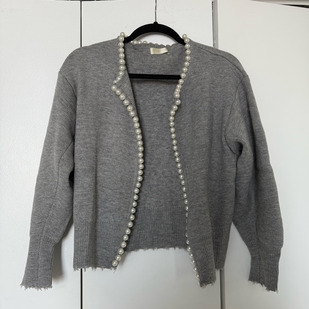 Gray Pearl-Embellished Women's Cardigan